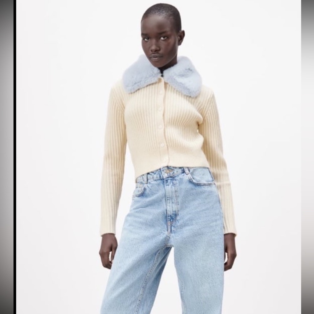 Cream Ribbed Button-Front Sweater with Light Blue Faux Fur Collar - Picture 9 of 12